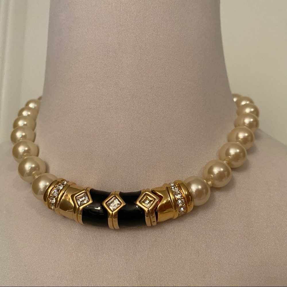 SWAROVSKI NECKLACE CHOKER PEARLS GOLD BLACK ENAMEL CRYSTALS 17” STATEMENT - Picture 2 of 12